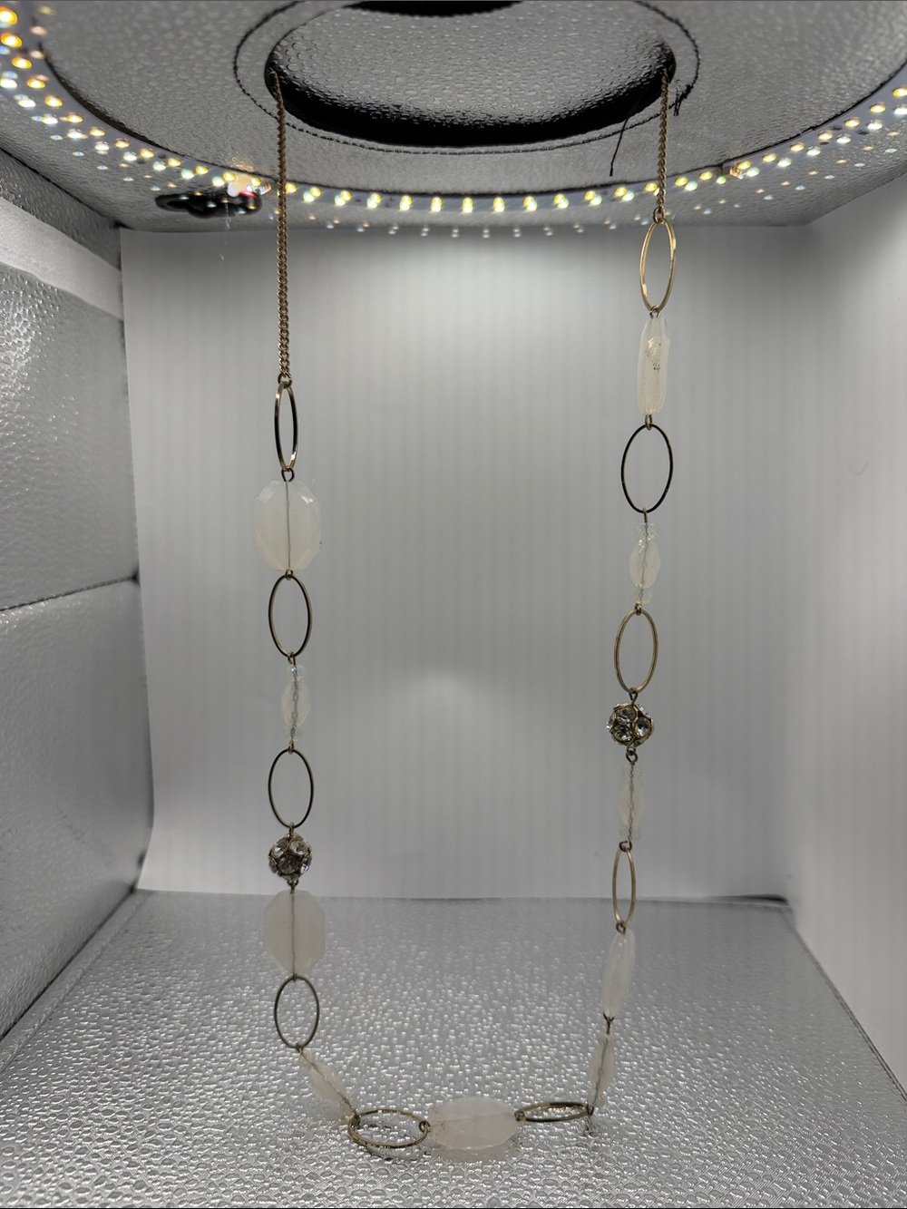 NRT Long Gold Tone White Bead Rhinestone Station Necklace